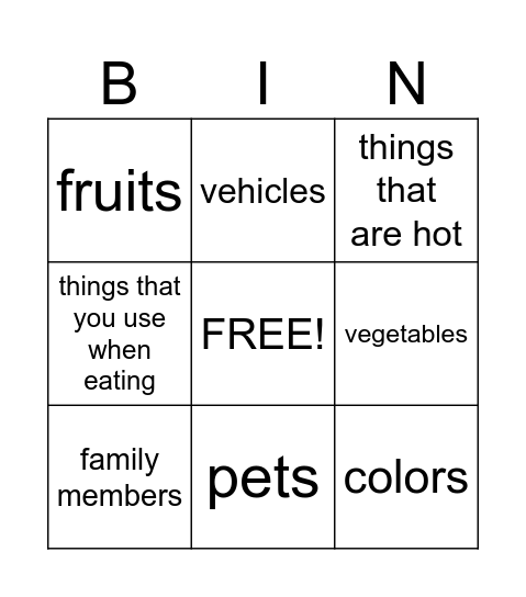 Categories Bingo Card