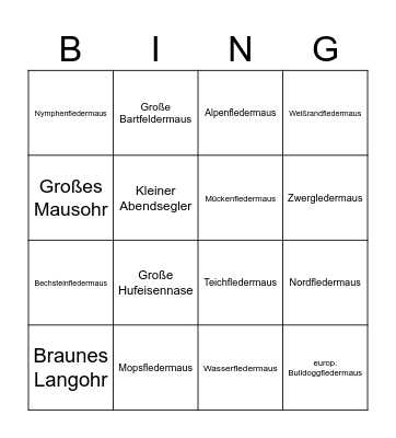 Bingo - heimische Fledermausarten Bingo Card