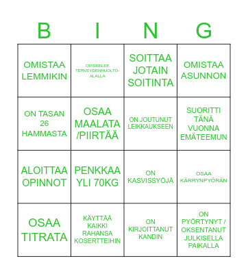 TUPARIEN TUTUSTUMISBINGO (etsi joku joka...) Bingo Card