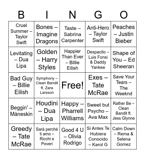 Music Bingo Card
