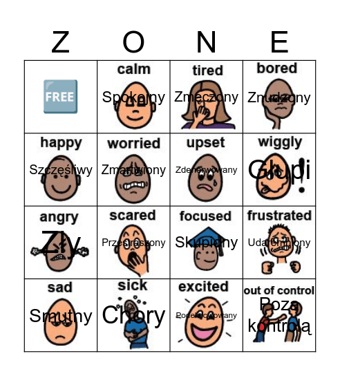 Zones of Regulation Picture Bingo Card