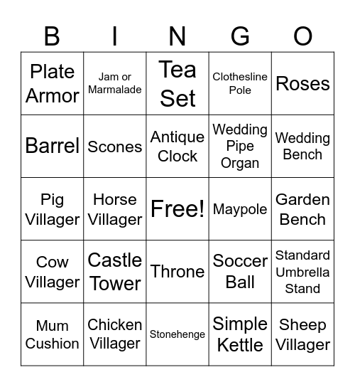 ACNH Bingo - UK Theme Bingo Card