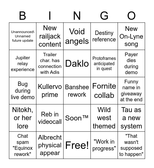 TennoCon 2026 Bingo Card