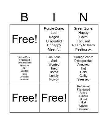Zones of Regulation Bingo Card