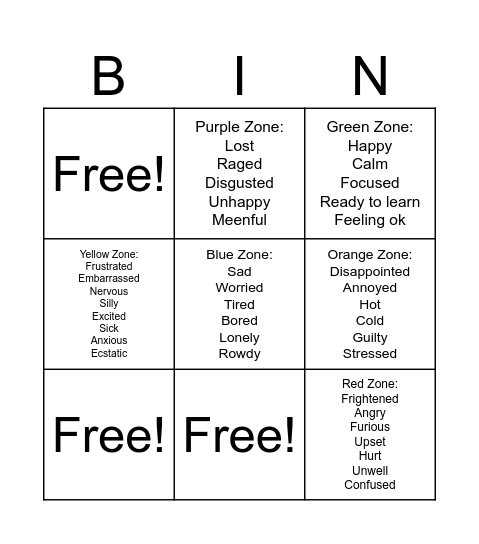 Zones of Regulation Bingo Card