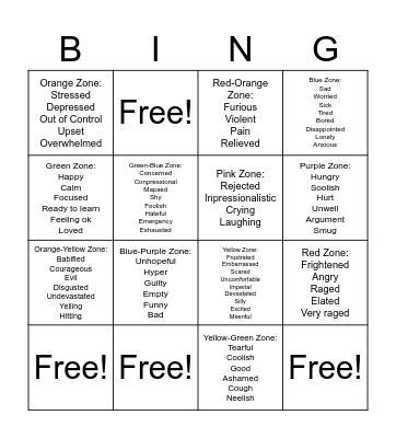Zones of Regulation Bingo Card