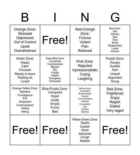 Zones of Regulation Bingo Card