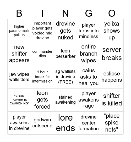invasion drevine bingo Card