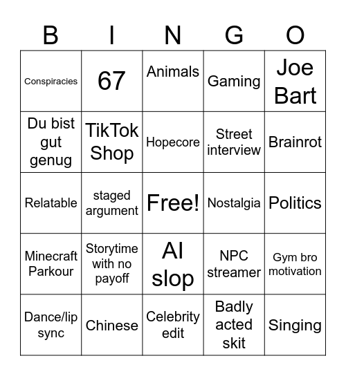 TIKTOK Bingo Card