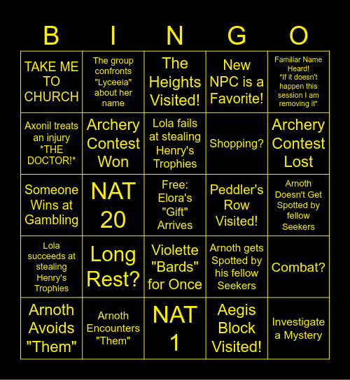 Session 35 Bingo Sheet Bingo Card