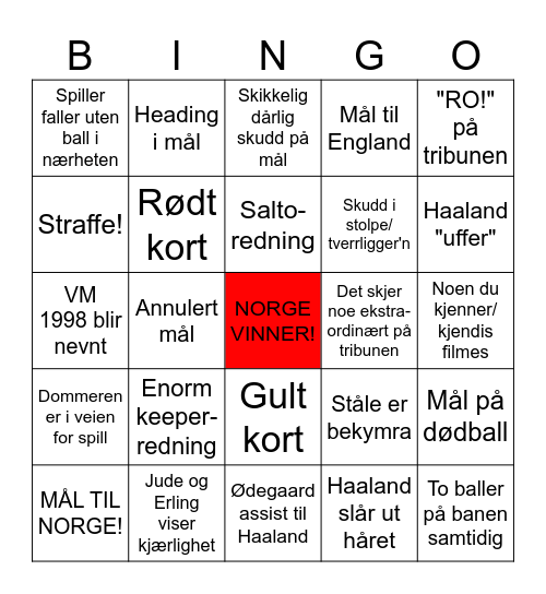 Norge-England Bingo Card