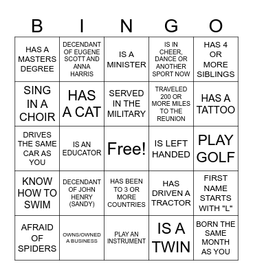 SCOTT FAMILY REUNION 2026 Bingo Card