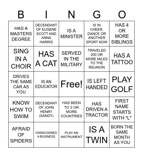 SCOTT FAMILY REUNION 2026 Bingo Card