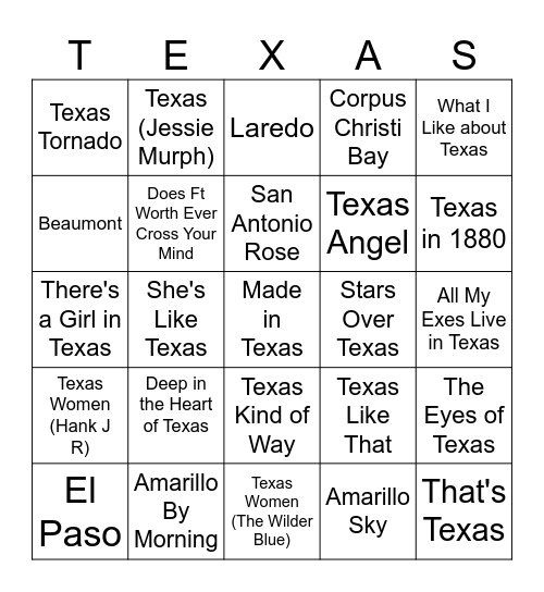 Songs About Texas Bingo Card