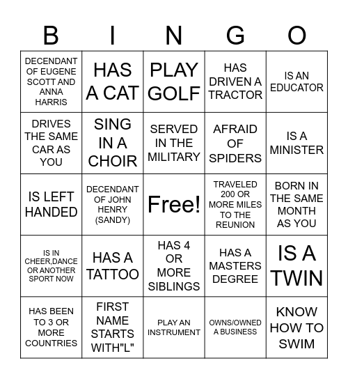 SCOTT FAMILY REUNION 2026 Bingo Card