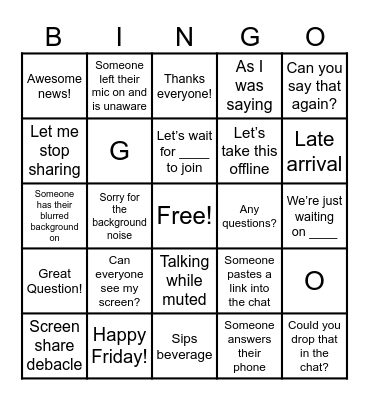 Staff Meeting Bingo Card