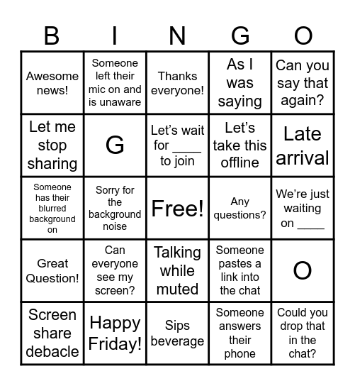 Staff Meeting Bingo Card