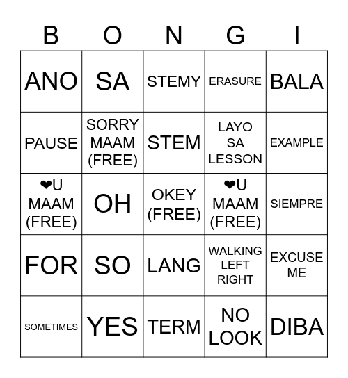 Para di tuyo Bingo Card