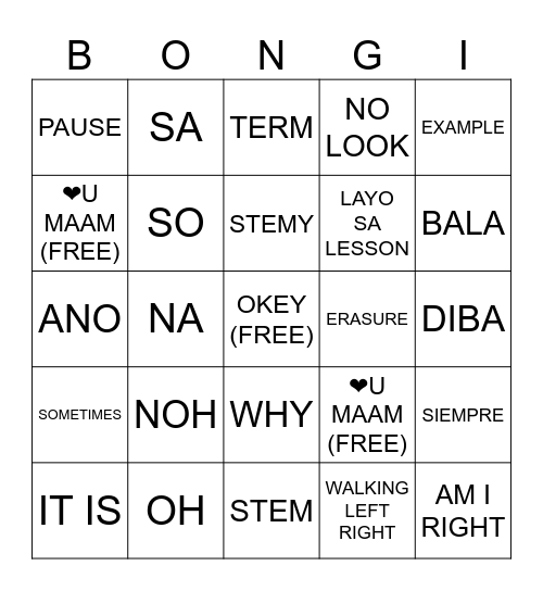 Para di tuyo Bingo Card