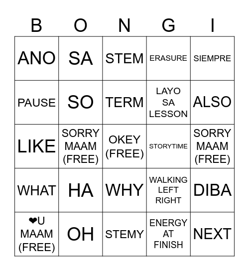 Para di tuyo Bingo Card