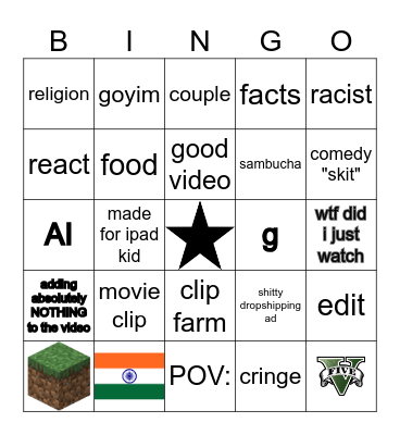 Shorts Bingo Card