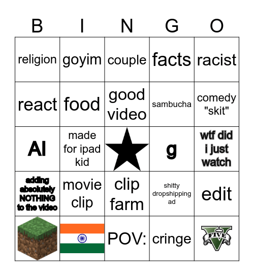 Shorts Bingo Card