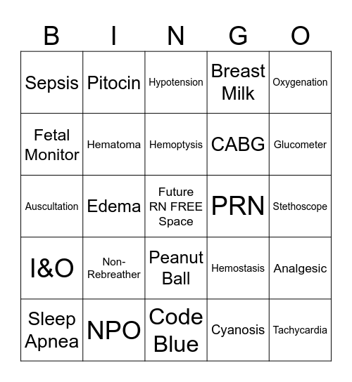 Student Nurse Intern Bingo Card