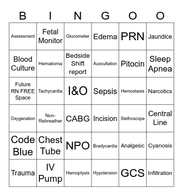 Student Nurse Intern Bingo Card