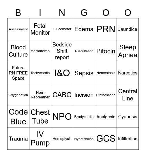 Student Nurse Intern Bingo Card