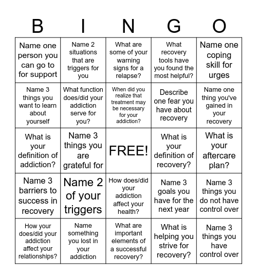 Recovery Bingo! Bingo Card