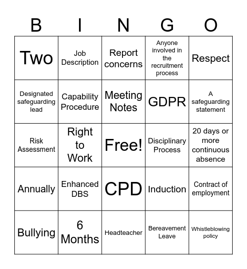 SCHOOLS HR Bingo Card