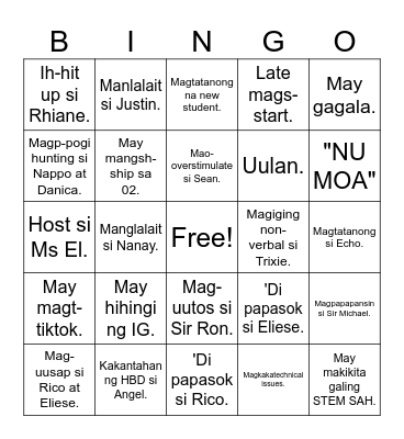 1st Day Bingo Card