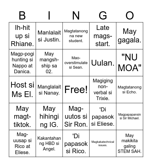 1st Day Bingo Card