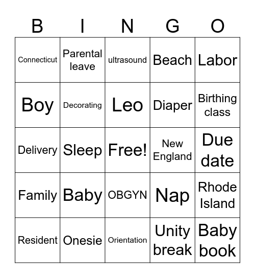 Renée's Baby Shower Bingo Card