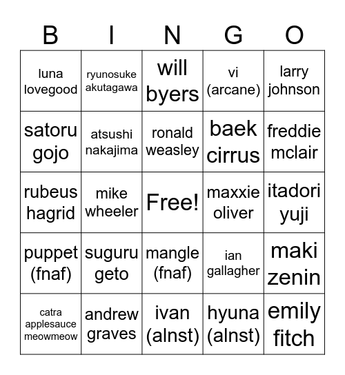 lizzy's favorite character Bingo Card