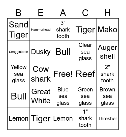 BEACH Bingo Card