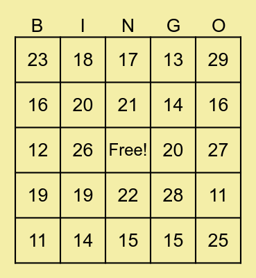 Numbers Bingo Card