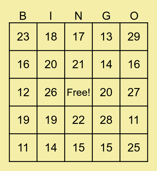 Numbers Bingo Card