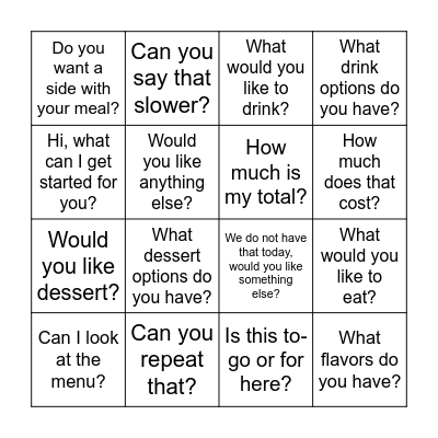 Restaurant Conversation Group Bingo Card