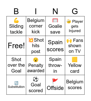 Spain 🇪🇸 vs Belgium 🇧🇪 World Cup Bingo Card