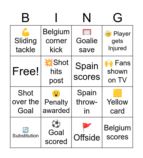 Spain 🇪🇸 vs Belgium 🇧🇪 World Cup Bingo Card