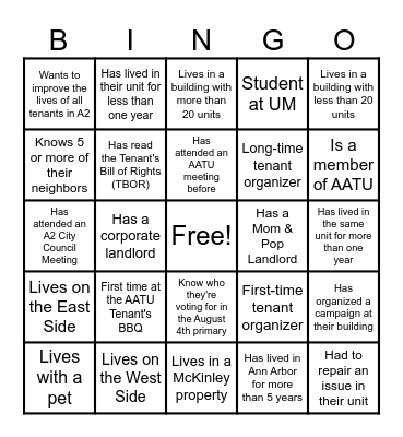 Get to know your fellow neighbors at the AATU Tenant's BBQ! Bingo Card