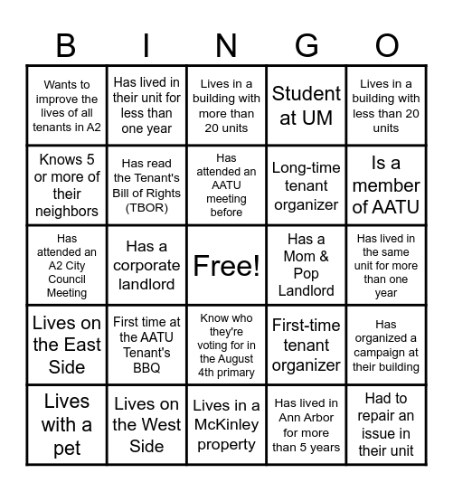 Get to know your fellow neighbors at the AATU Tenant's BBQ! Bingo Card