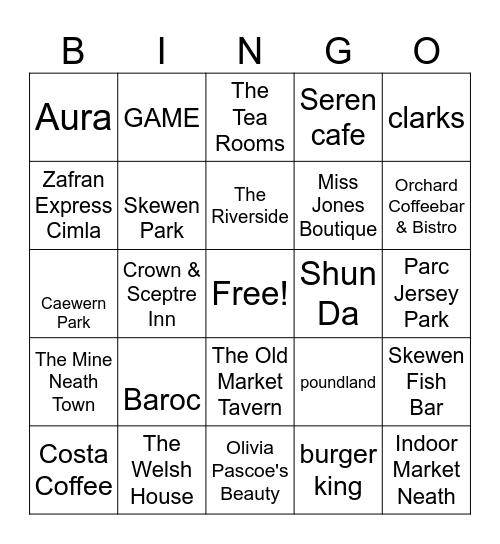 neath bingo Card