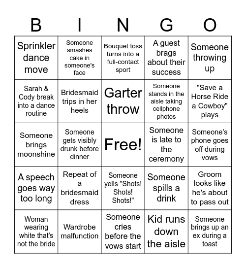 Sarah and Ayrton- July 11, 2026 Bingo Card