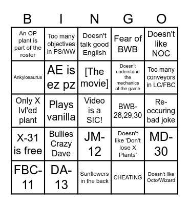 PvZ 2 SIC Bingo Card
