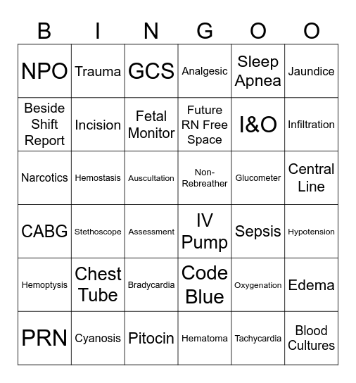 Student Nurse Intern Bingo Card