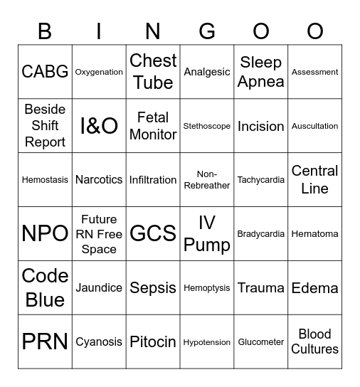 Student Nurse Intern Bingo Card