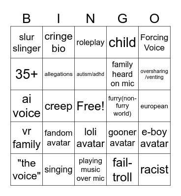 VRChat Trolling Bingo Card