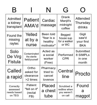 Surgery intern bingo Card